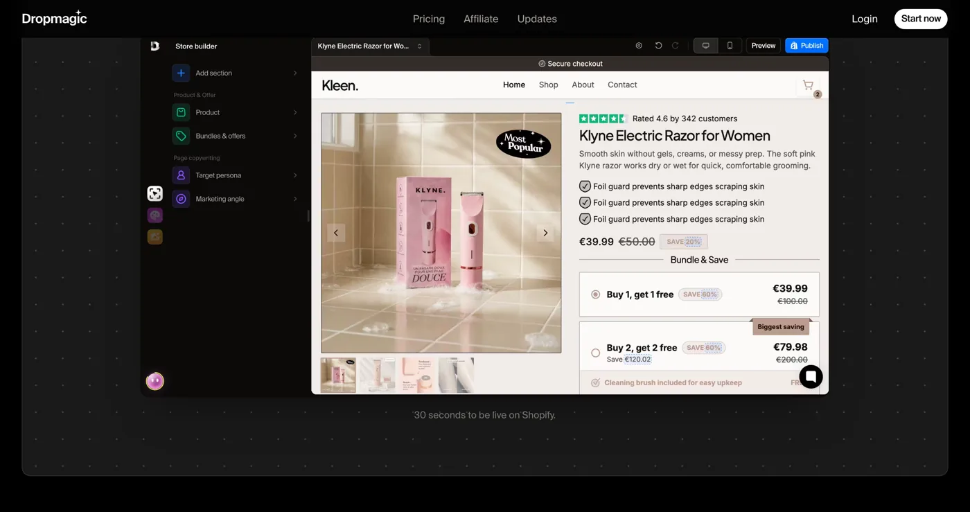 O editor de lojas do Dropmagic com uma página de produto gerada, seus combos e suas ofertas