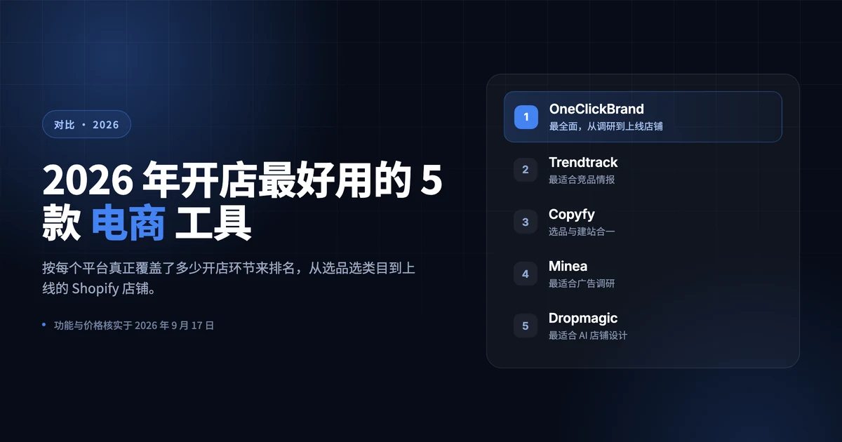 2026 年开店最好用的 5 款电商工具排行封面，OneClickBrand 位列第一