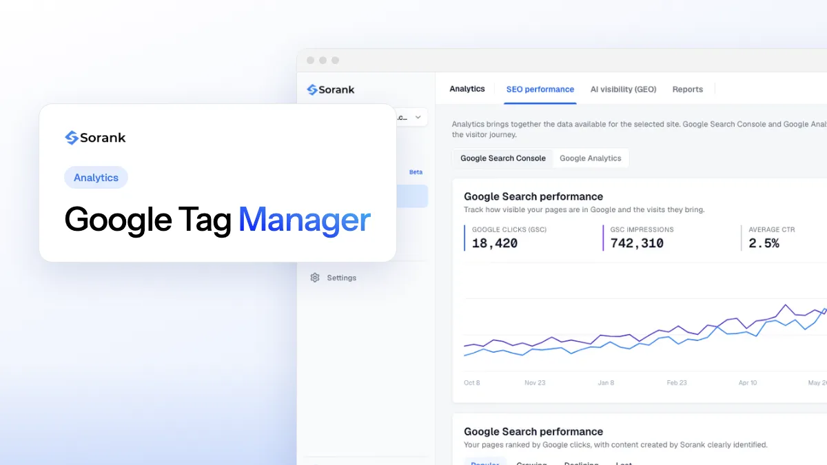 Couverture du guide Sorank sur Google Tag Manager, avec un conteneur reliant balises, déclencheurs et variables