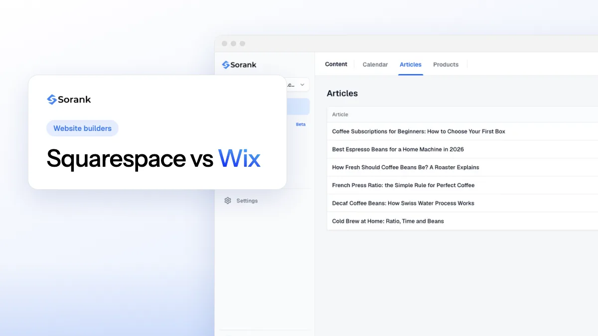 Cover of the Sorank comparison of Squarespace and Wix for SEO, AI visibility, speed and prices
