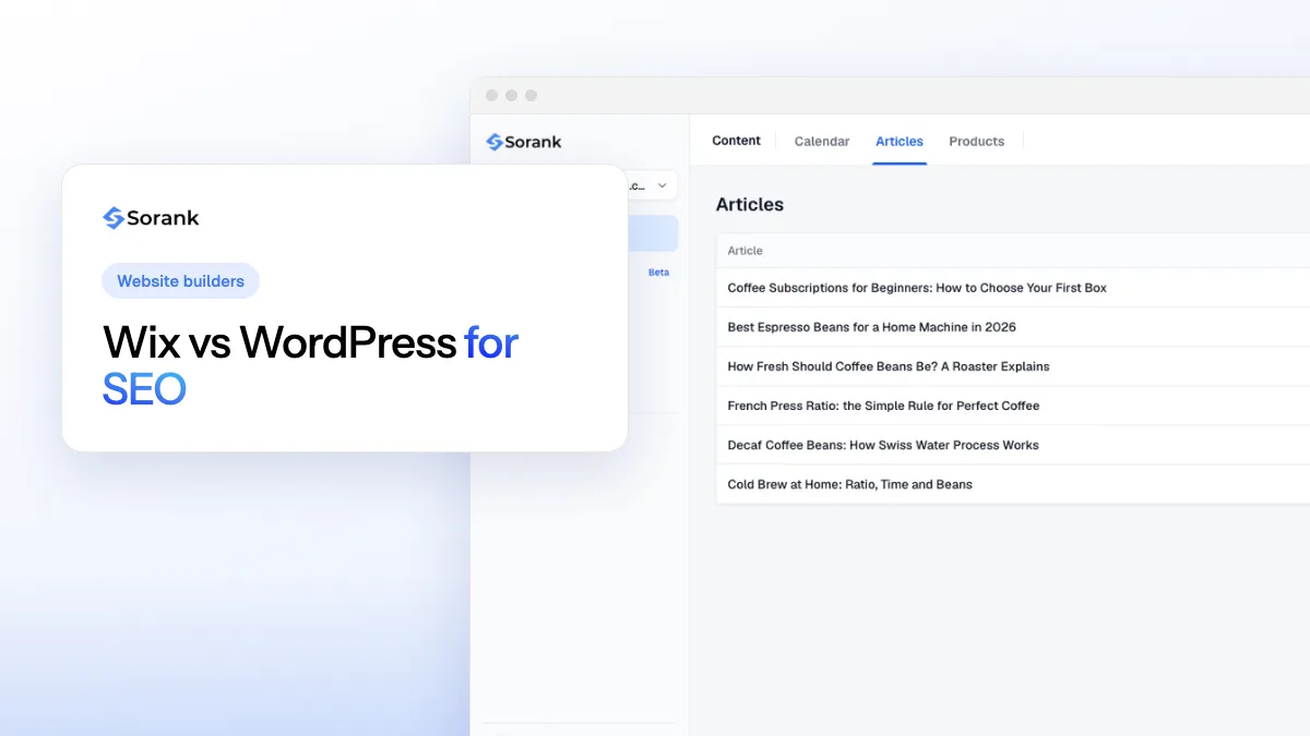 Cover of the Sorank comparison of Wix and WordPress for SEO and AI visibility
