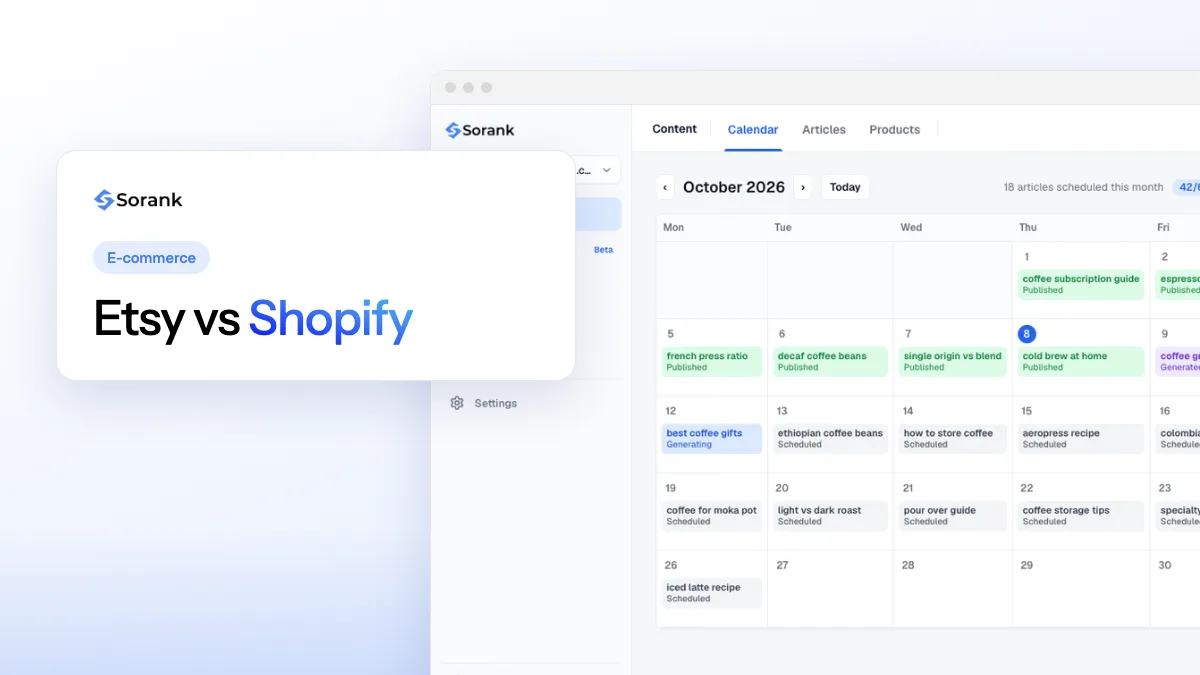 Cover of the Sorank guide comparing Etsy and Shopify on fees, SEO and AI visibility