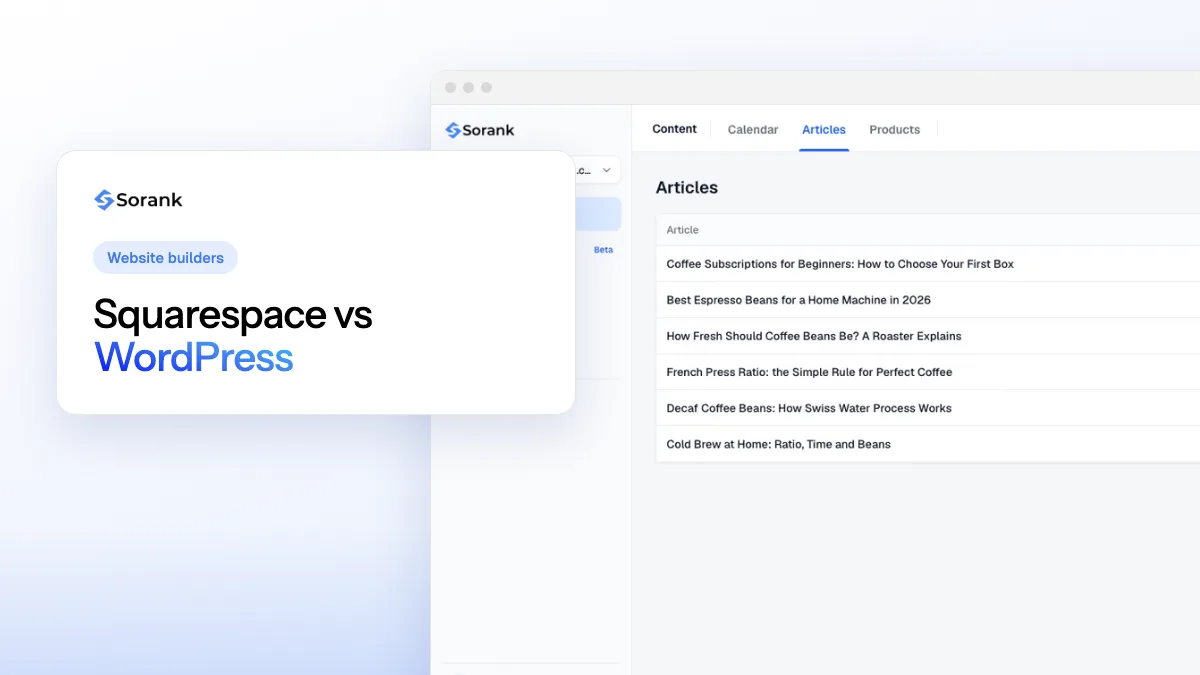 Cover of the Sorank guide comparing Squarespace and WordPress for SEO, AI visibility and cost