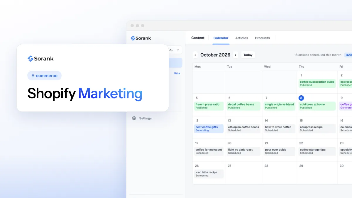 Cover of the Sorank guide to Shopify marketing, showing a store connected to search, AI assistants, email, social media and ads