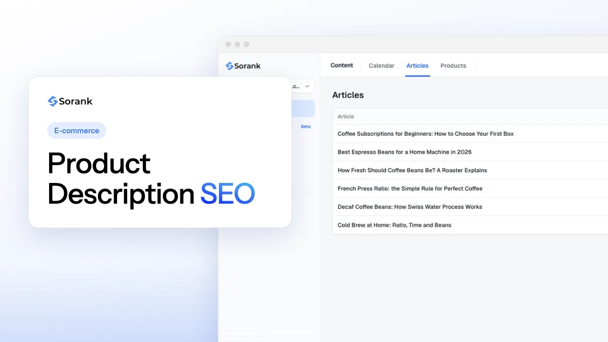 Cover of the article “Product Description SEO”, with a screenshot of the Sorank software next to the title