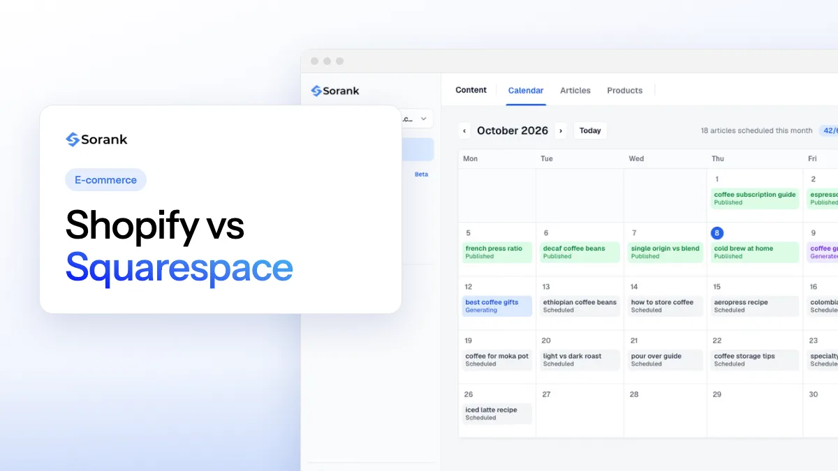 Cover of the article “Shopify vs Squarespace”, with a screenshot of the Sorank software next to the title