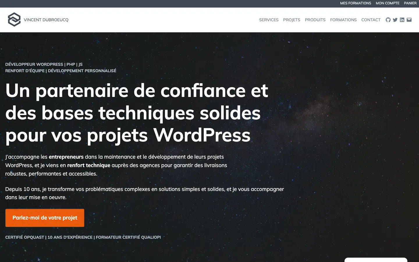 パ・ド・カレー県のフリーランスWordPress開発者Vincent Dubroeucqのサイトのトップページ