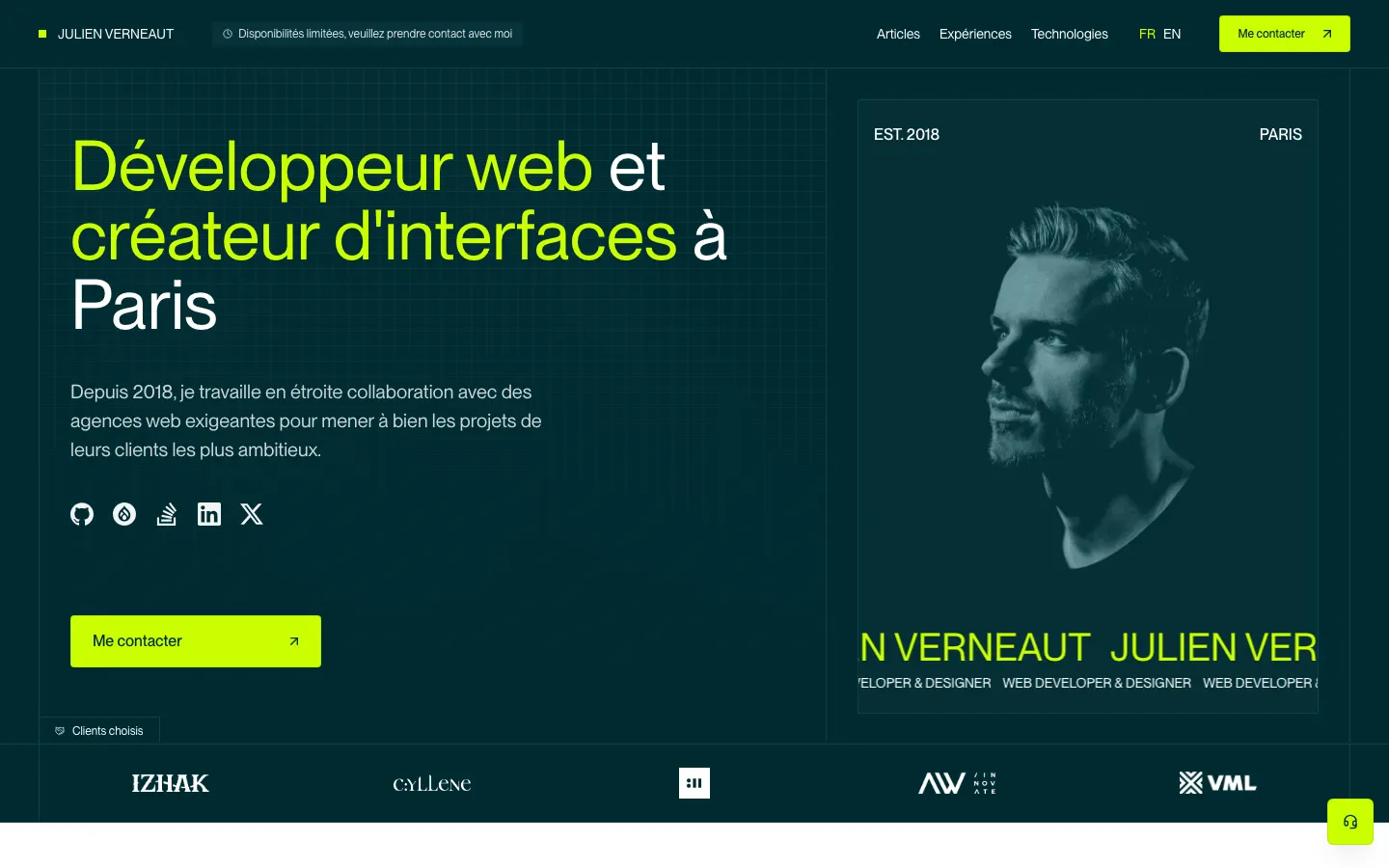 パリのWeb開発者兼インターフェースクリエイターJulien Verneautのサイトのトップページ