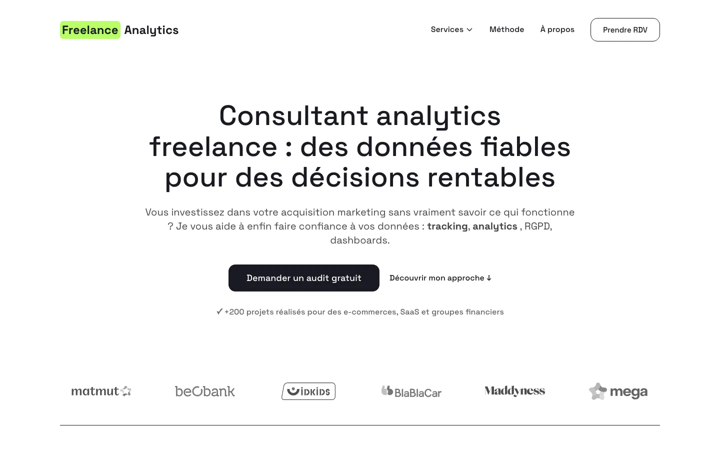 フリーランスの解析コンサルタントNourdine ChebchebのサイトFreelance Analyticsのトップページ
