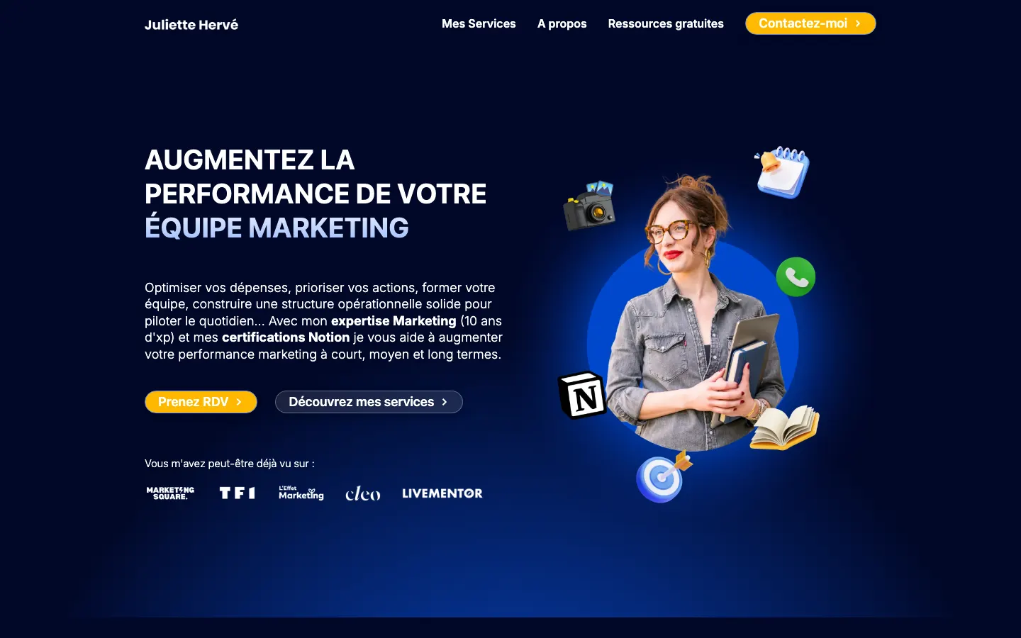 ナントのグロースマーケティングコンサルタント兼トレーナー、Juliette Hervéのサイトのトップページ