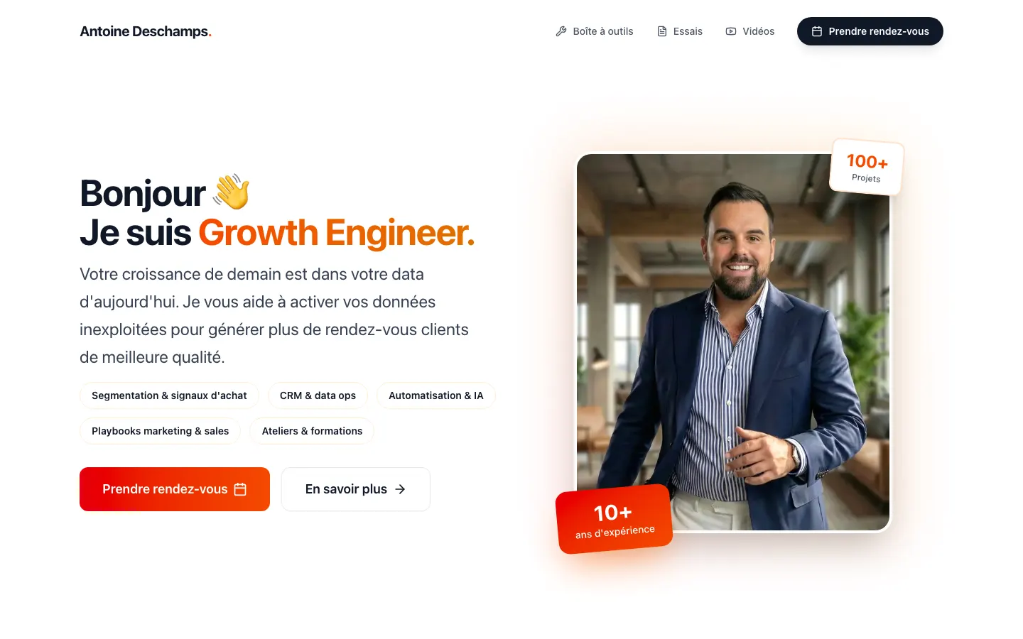 B2B SaaS向けのgrowth engineer、Antoine Deschampsのサイトのトップページ