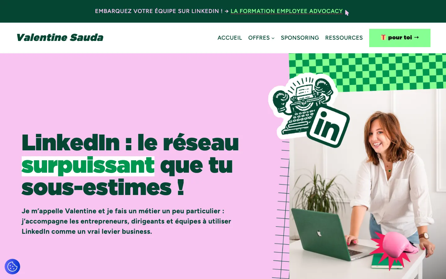 ナントのLinkedIn講師兼コピーライターValentine Saudaのサイトのトップページ