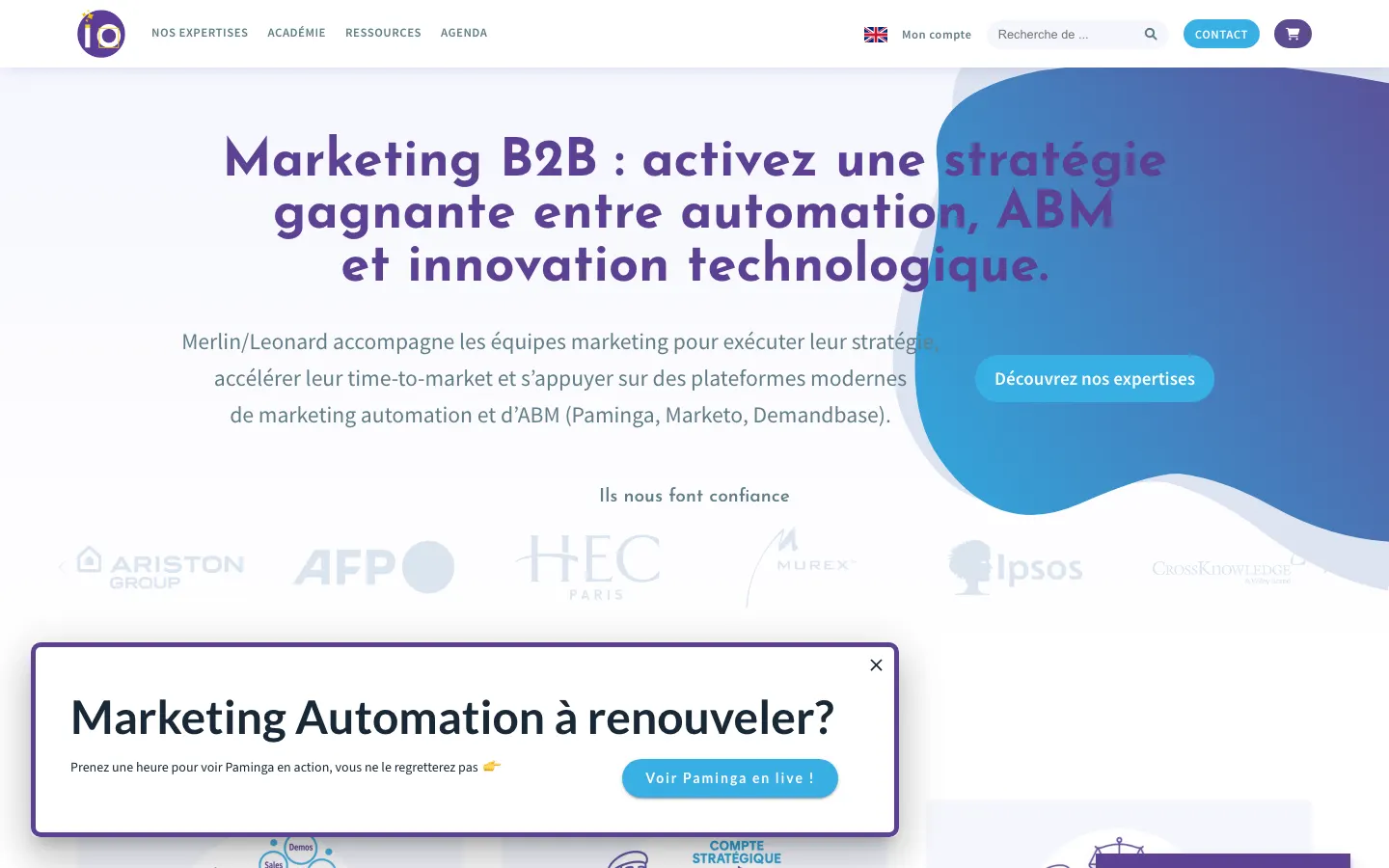Merlin/Leonardのサイトのトップページ。パリのB2Bマーケティングオートメーションのコンサルティング会社