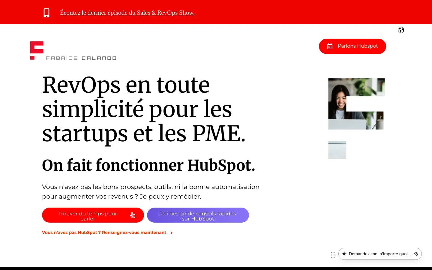 Fabrice Calandoのサイトのトップページ。RevOpsとHubSpotのコンサルタント