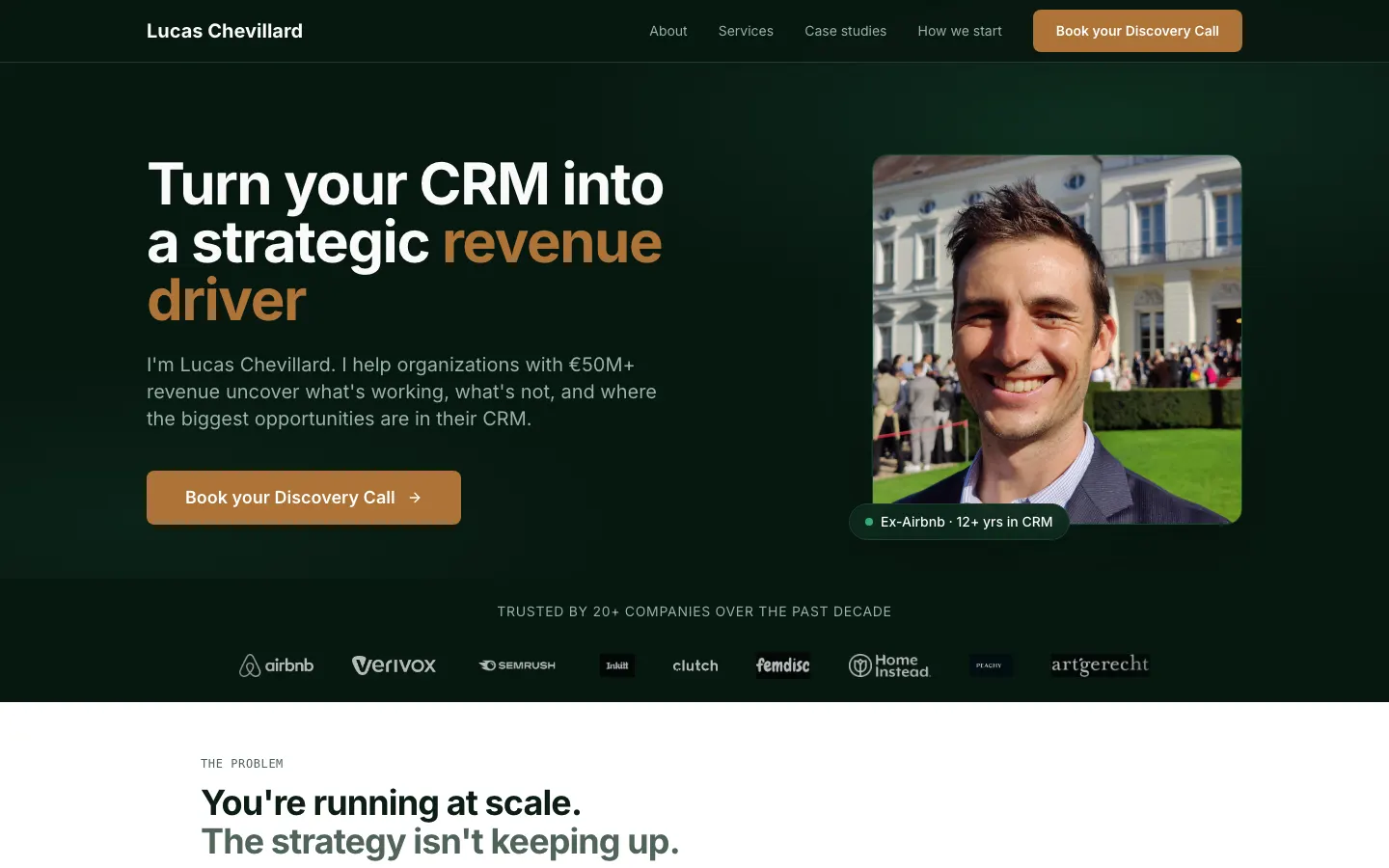 Lucas Chevillardのサイトのトップページ。CRM戦略とメールマーケティングのコンサルタント