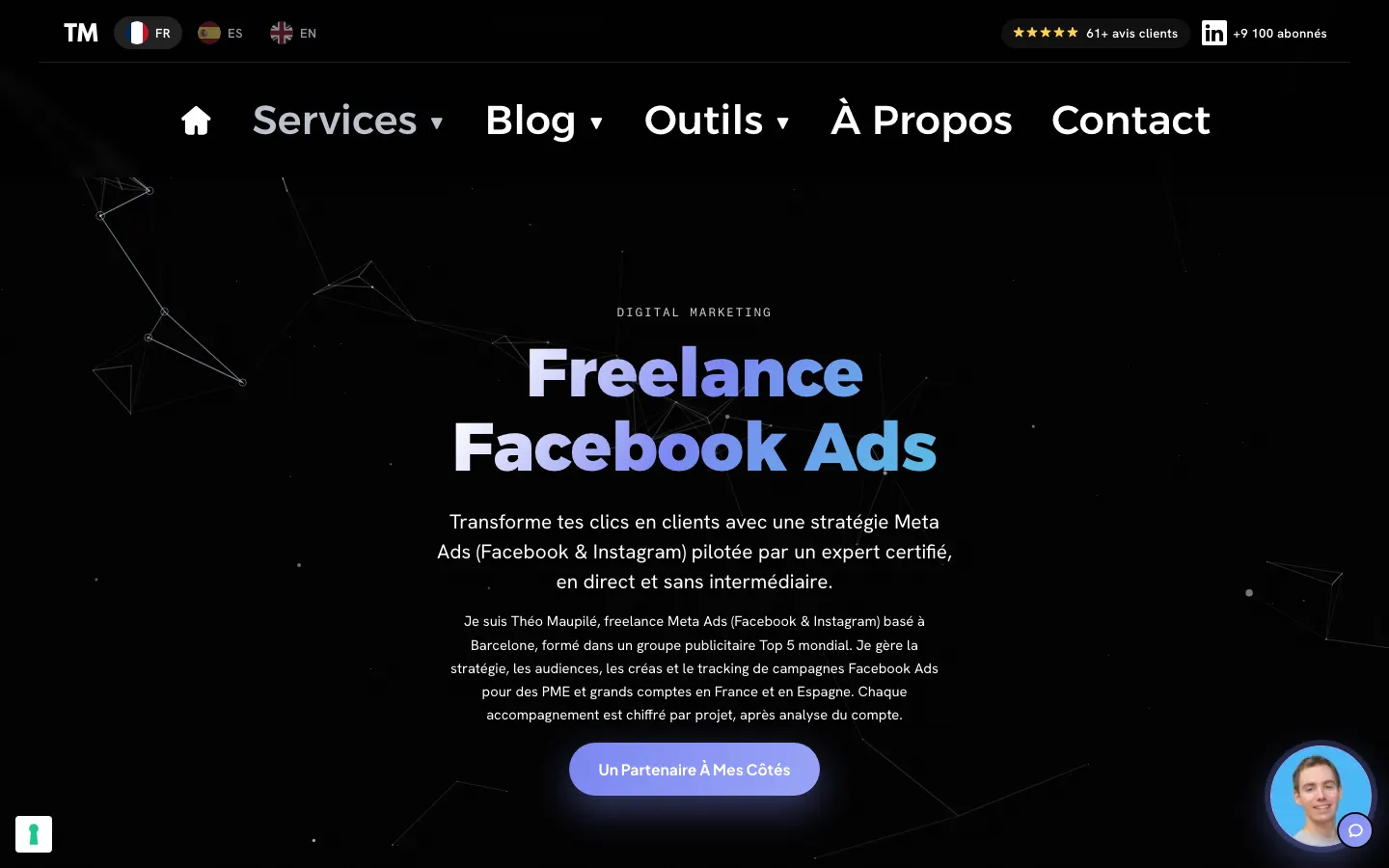 リヨンとバルセロナを拠点とするフリーランスの有料メディアコンサルタントThéo MaupiléのサイトのFacebook広告ページ