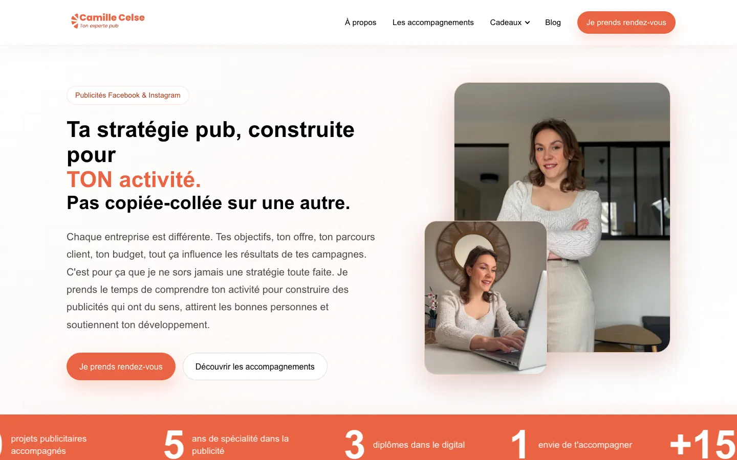 Facebook・Instagram広告のフリーランスCamille Celseのサイトのトップページ