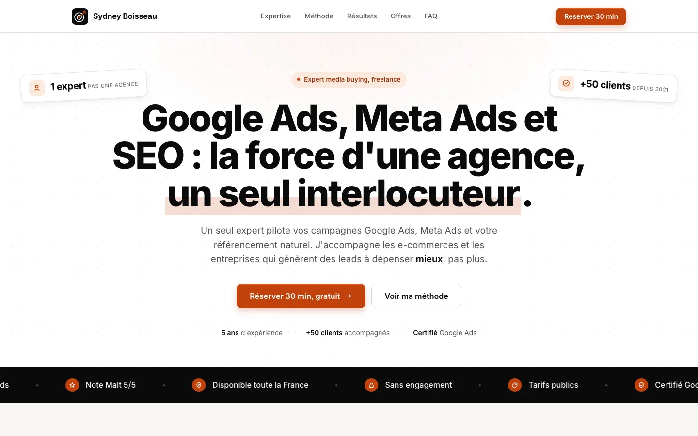 ボルドーのMeta Ads・Google AdsメディアバイイングコンサルタントSydney Boisseauのサイトのトップページ