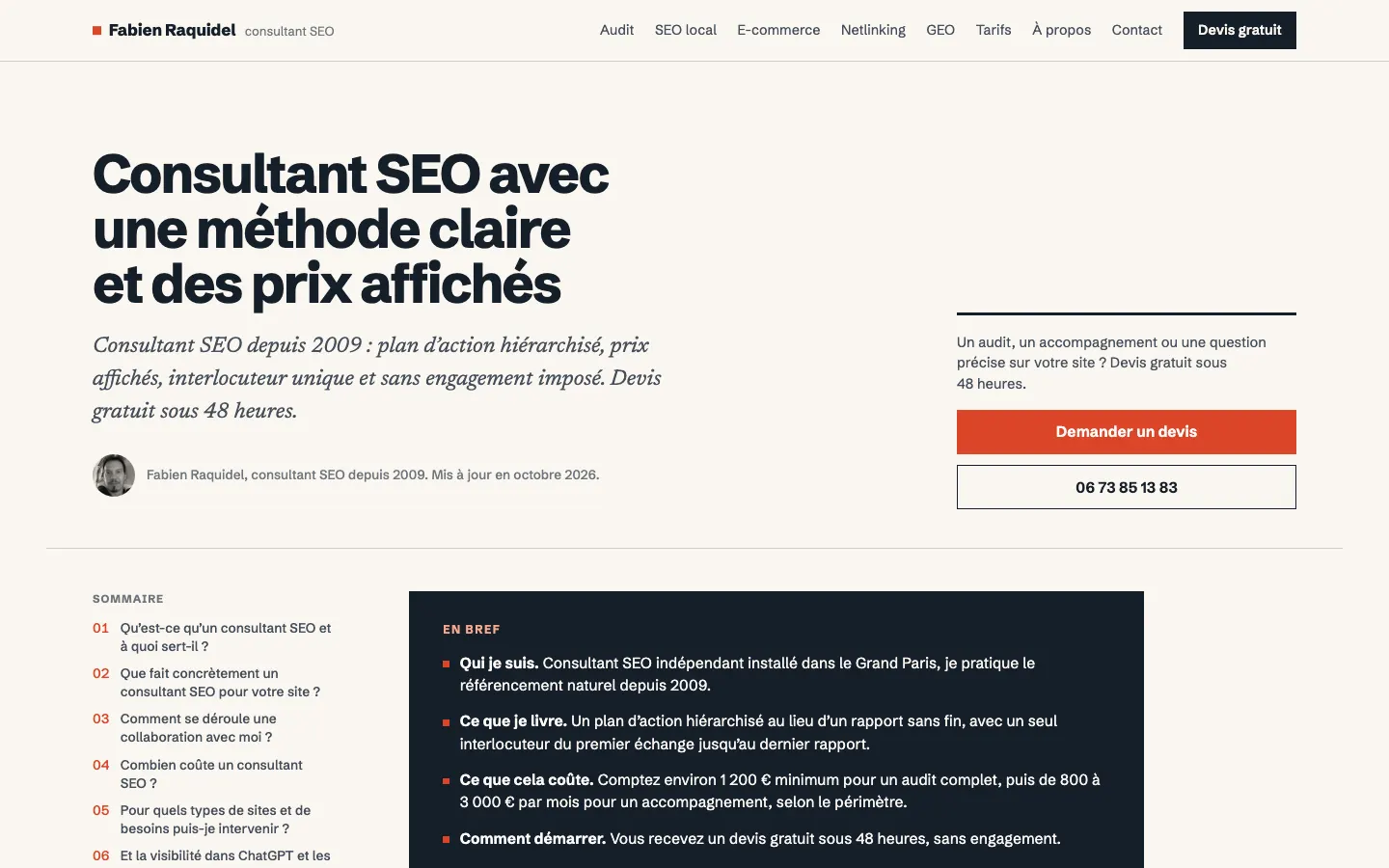グラン・パリのSEO・被リンク獲得コンサルタントFabien Raquidelのサイトのトップページ