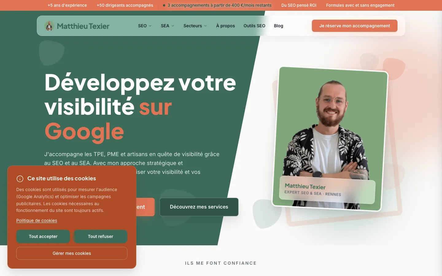 レンヌのSEO・SEAコンサルタントMatthieu Texierのサイトのトップページ