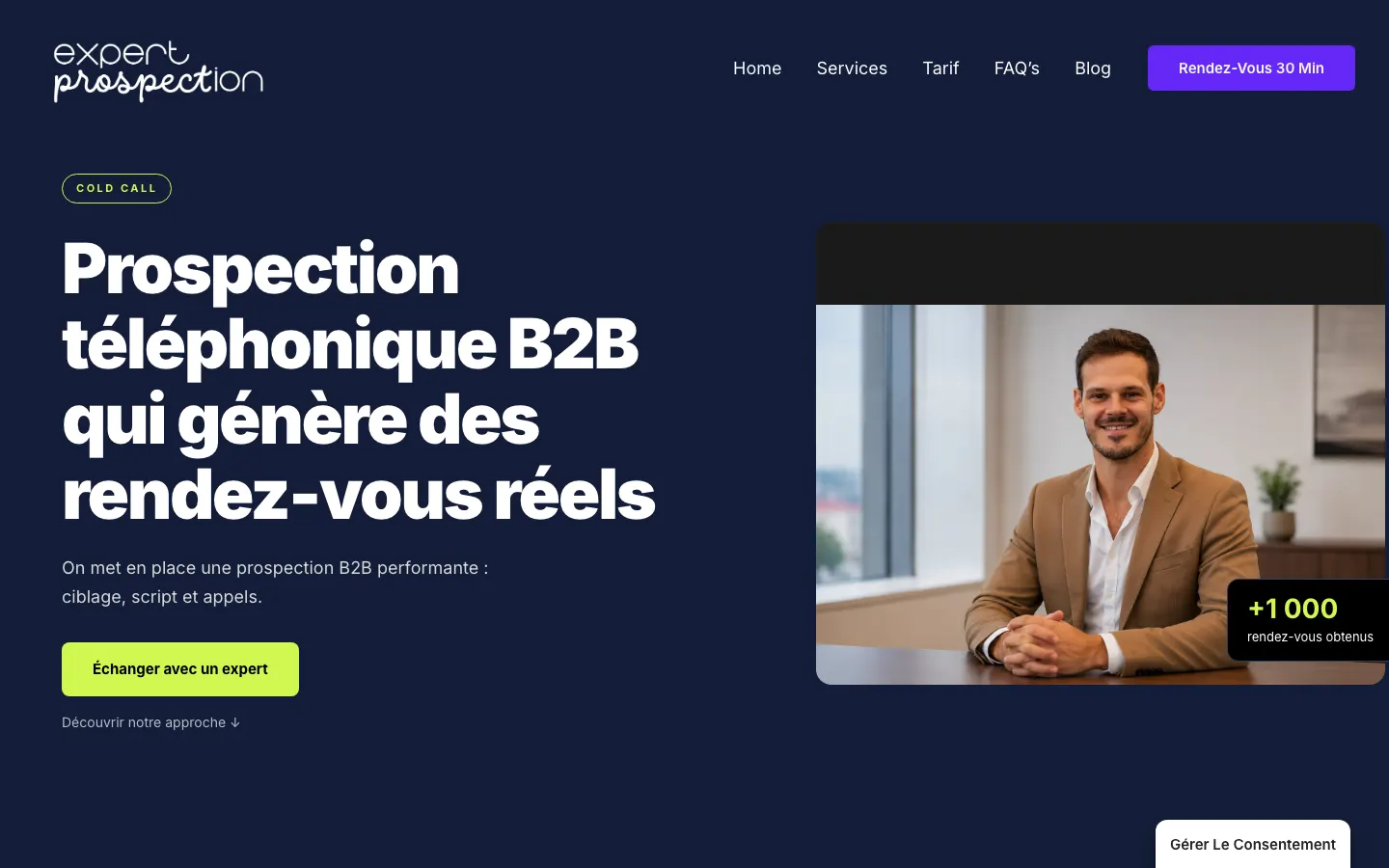 リヨン近郊のB2Bテレアポ・コンサルタントAntoine MorlièreのサイトExpert Prospectionのトップページ