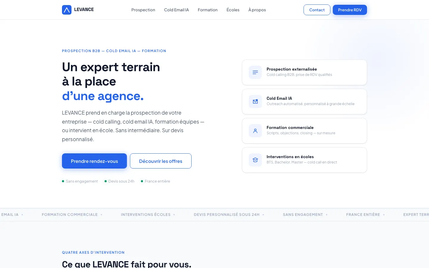 コールドコールと営業研修を手がけるThibaut CridelichのサイトLevanceのトップページ