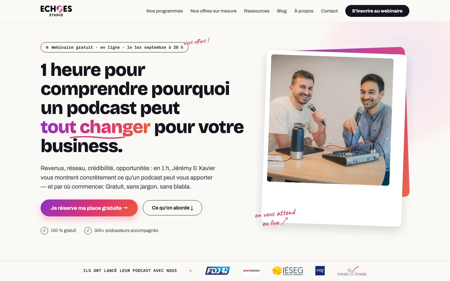 起業家向けにポッドキャストを支援するJérémy NabaisとXavier SeuxのサイトEchoes Studioのトップページ