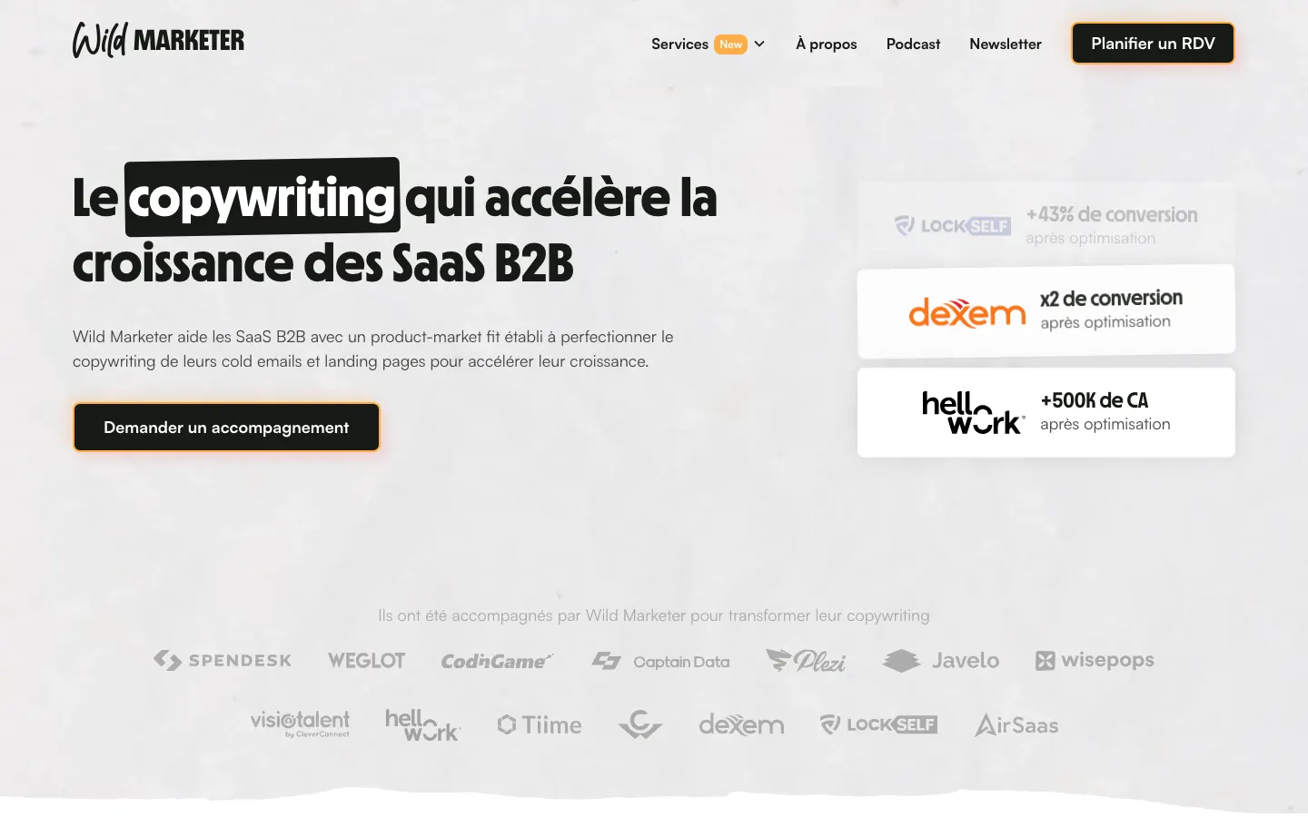 B2B SaaS向けのコールドメールのコピーライターAlexandre BrenguesのサイトWild Marketerのトップページ