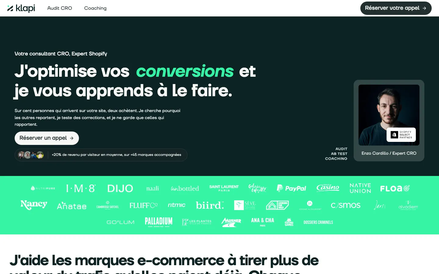 Shopify専門のCROコンサルタントEnzo CardilloのサイトKlapiのトップページ