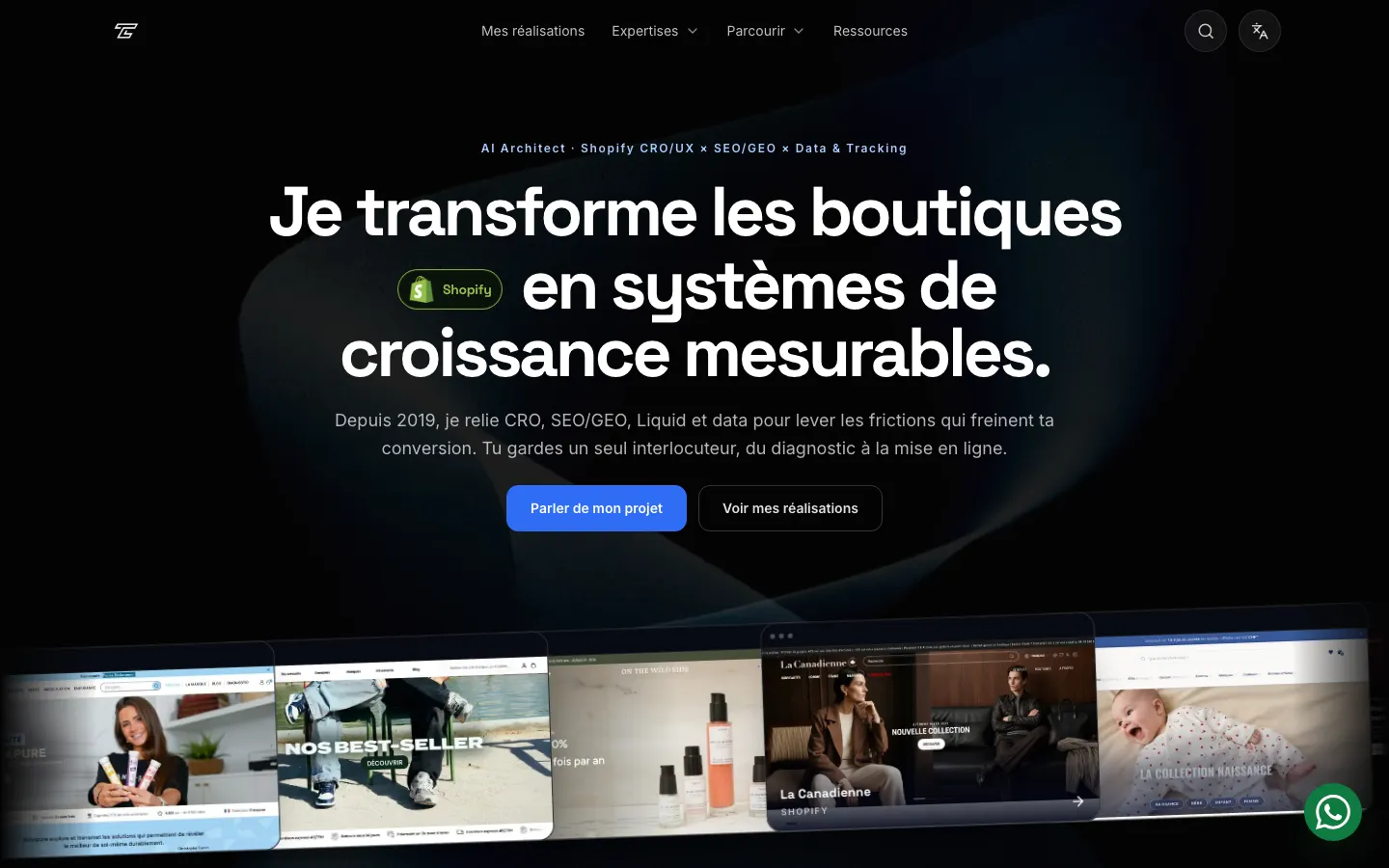 グロースとShopifyのコンサルタントTeo Comynのサイトのトップページ