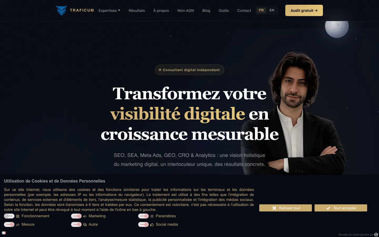 マルセイユのデジタルマーケティングコンサルタント、Rémi BaudatのサイトTraficumのトップページ
