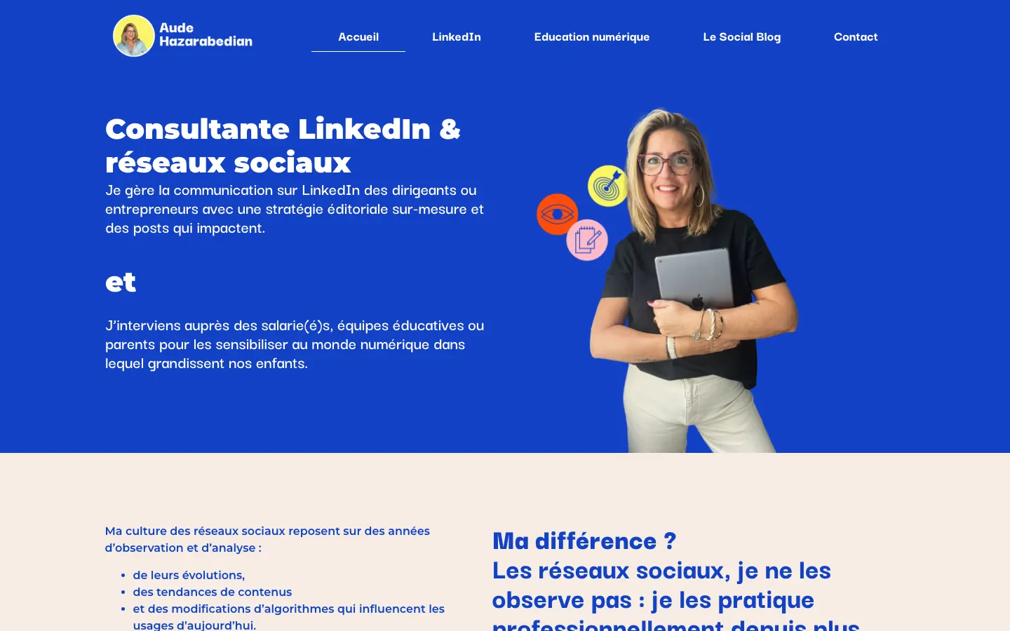 ランスのソーシャルメディアマネージャー兼LinkedInコンサルタントAude Hazarabedianのサイトのトップページ