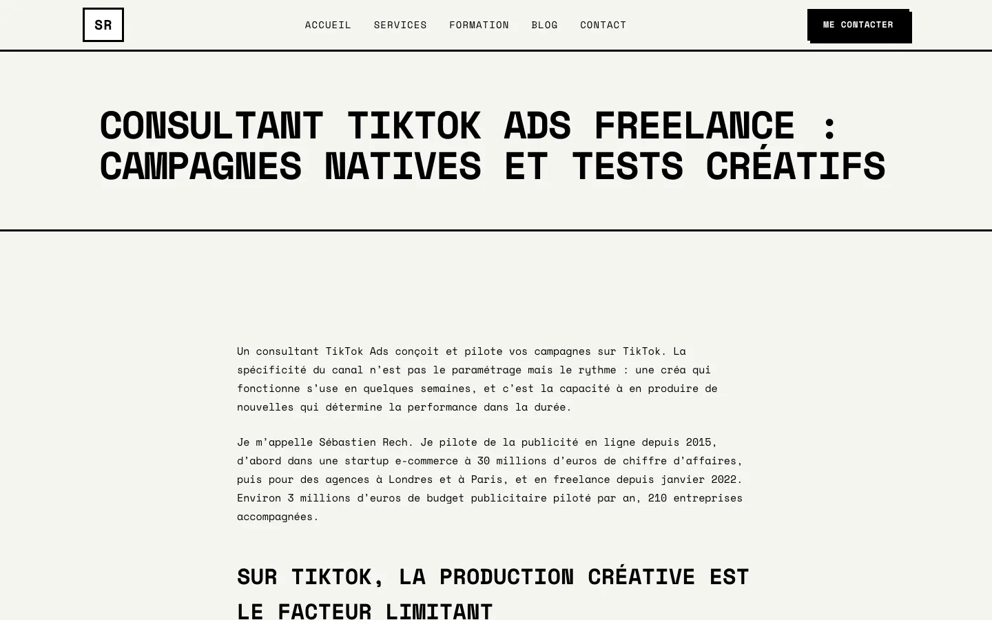フリーランスのメディアバイヤーSébastien RechのサイトのTikTok広告コンサルタントのページ