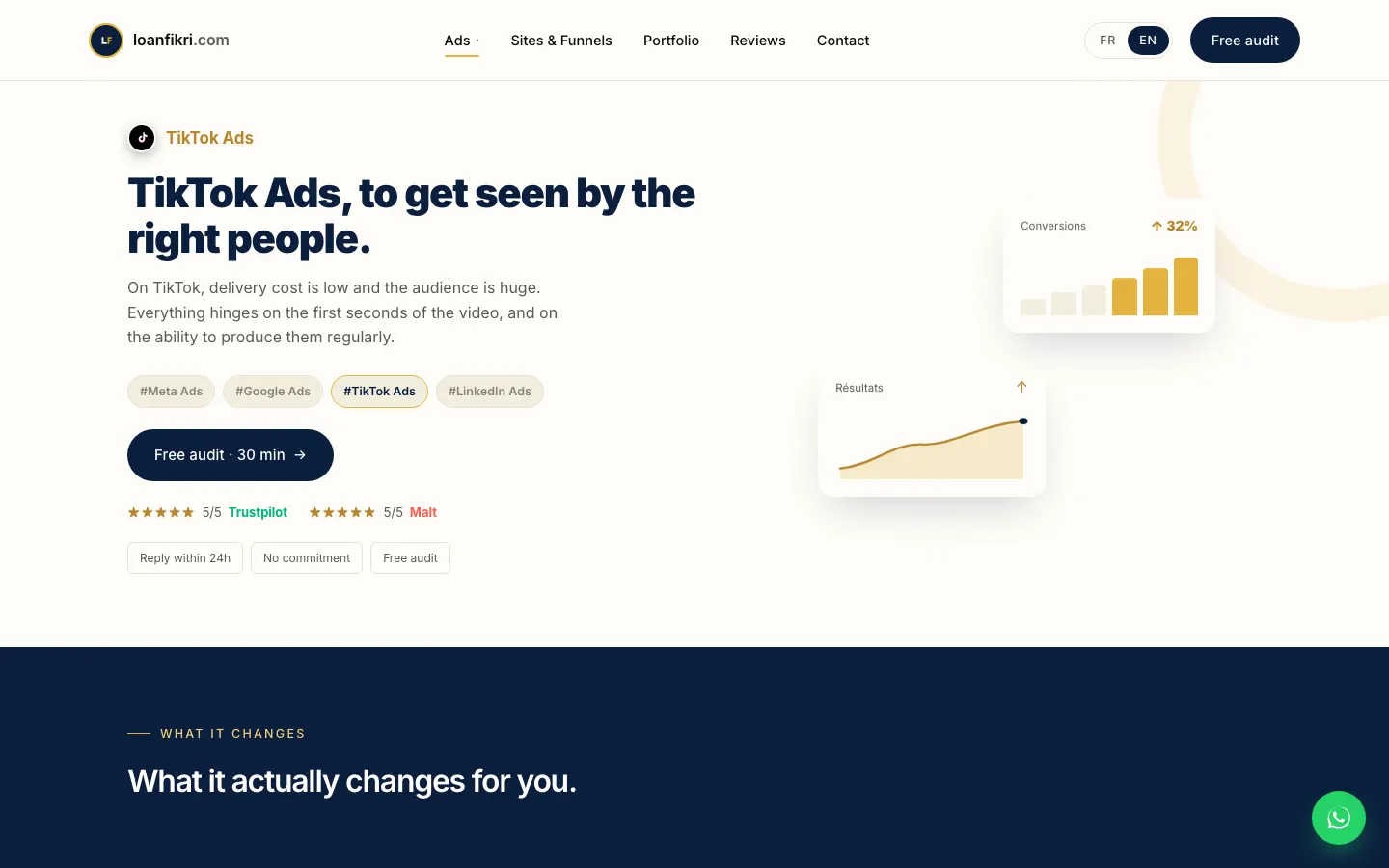 Spark AdsとUGCを手がけるフリーランスのメディアバイヤーLoan FikriのサイトのTikTok広告のページ