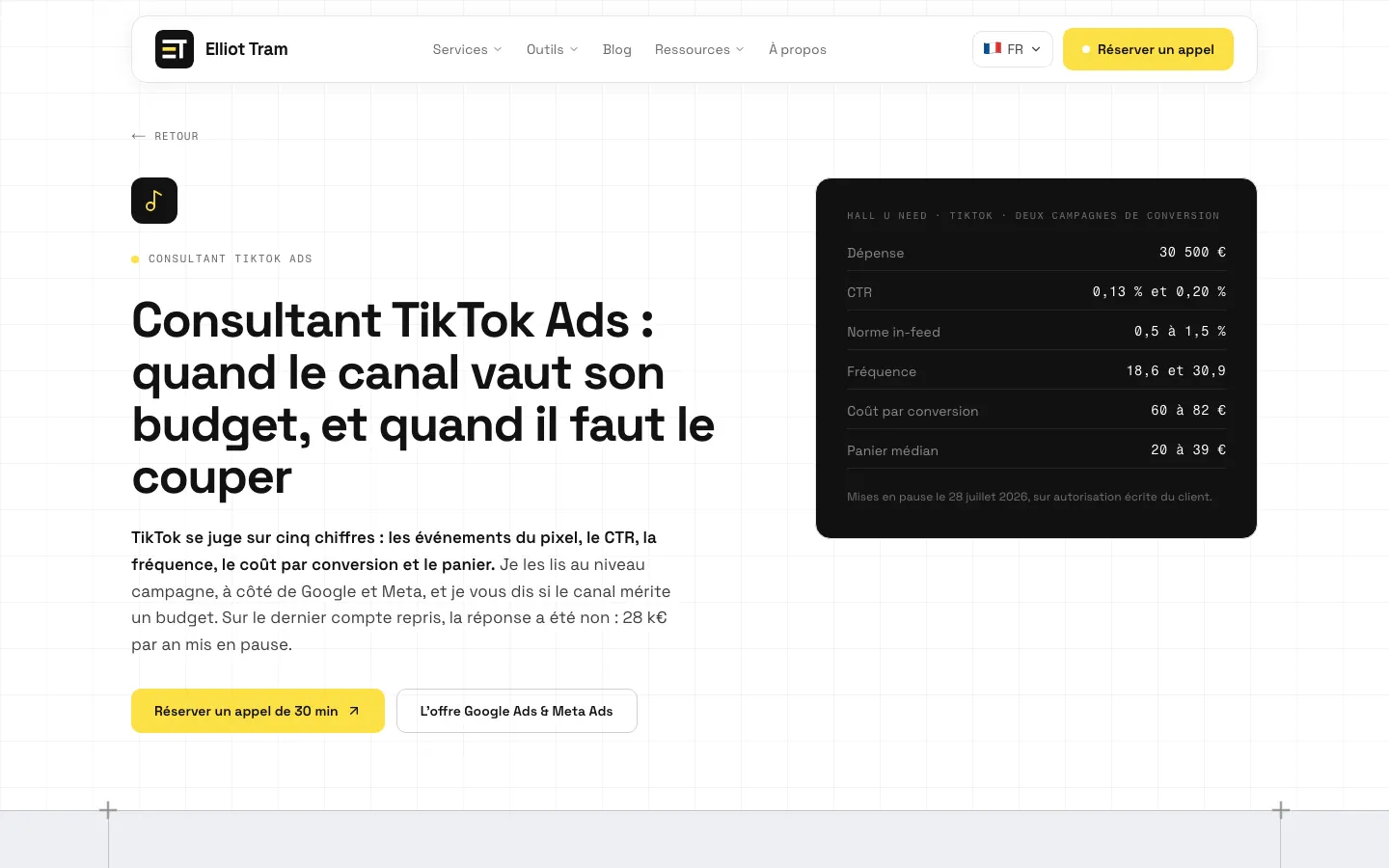 リールのB2B集客フリーランスElliot TramのサイトのTikTok広告コンサルタントのページ