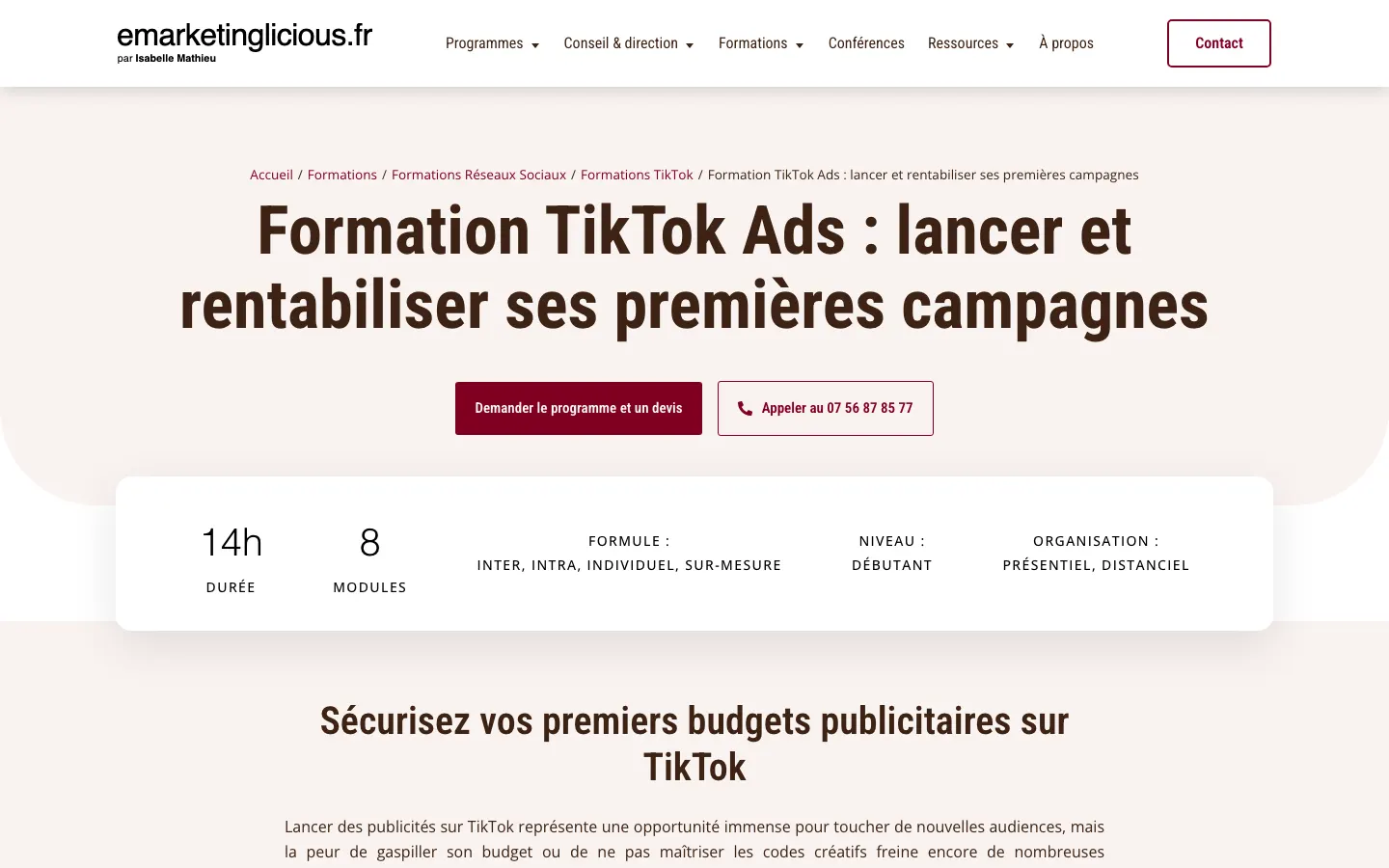 Isabelle MathieuのサイトEmarketingliciousのTikTok広告研修のページ