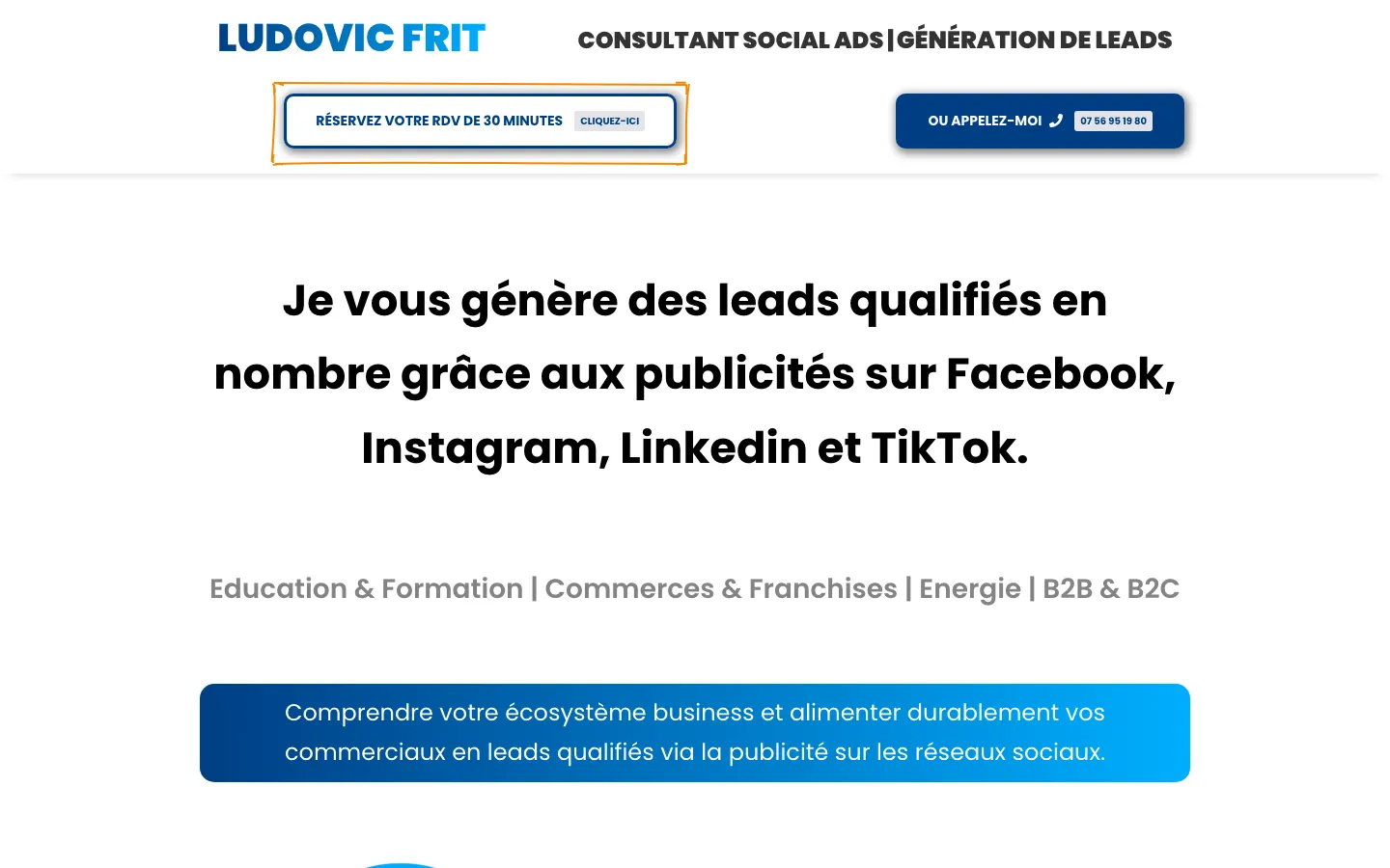 リード獲得のソーシャル広告コンサルタントLudovic Fritのサイトのトップページ