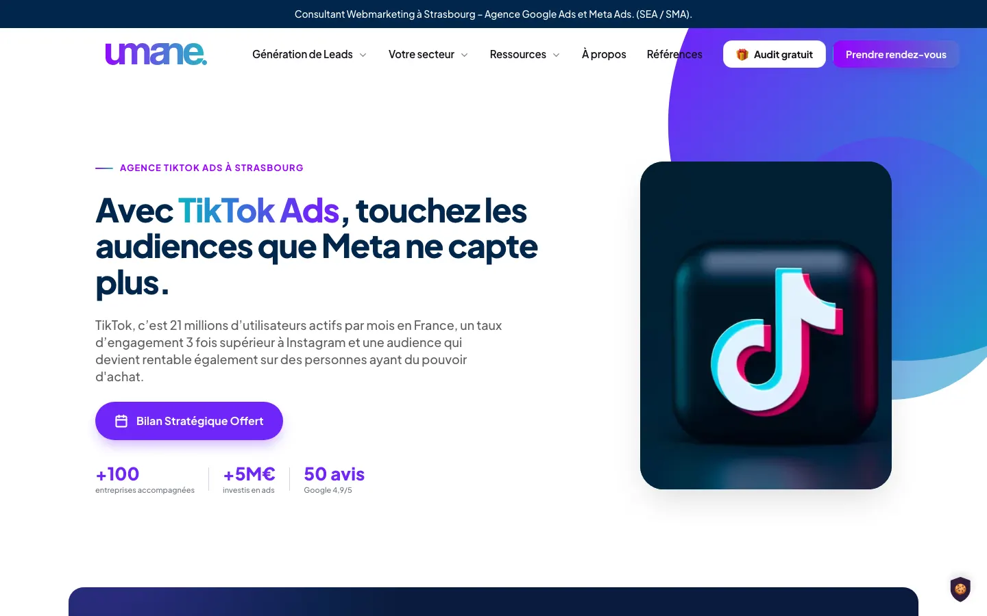 ストラスブールのリード獲得コンサルタントVincent LedigのサイトUmaneのTikTok広告のページ