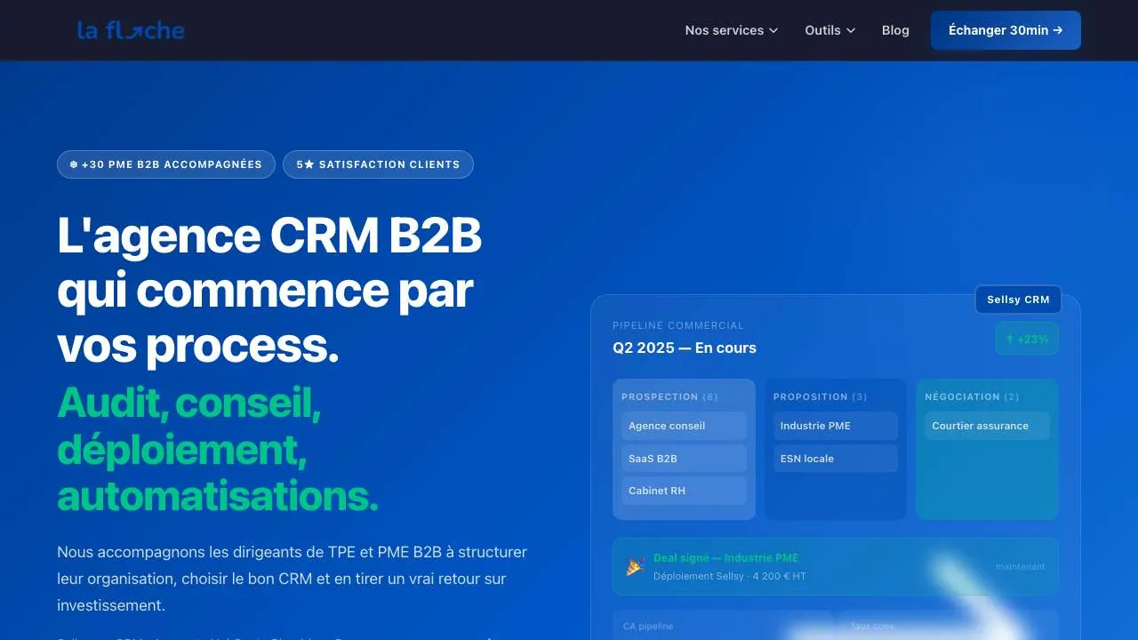 דף הבית של אתר סוכנות ה־CRM La Flèche CRM