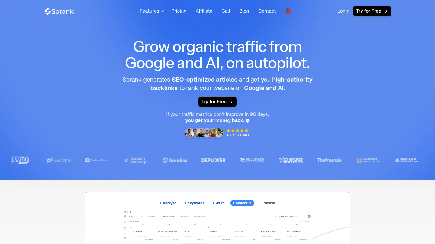 Homepage of Sorank, SEO and GEO software that grows organic traffic from Google and AI