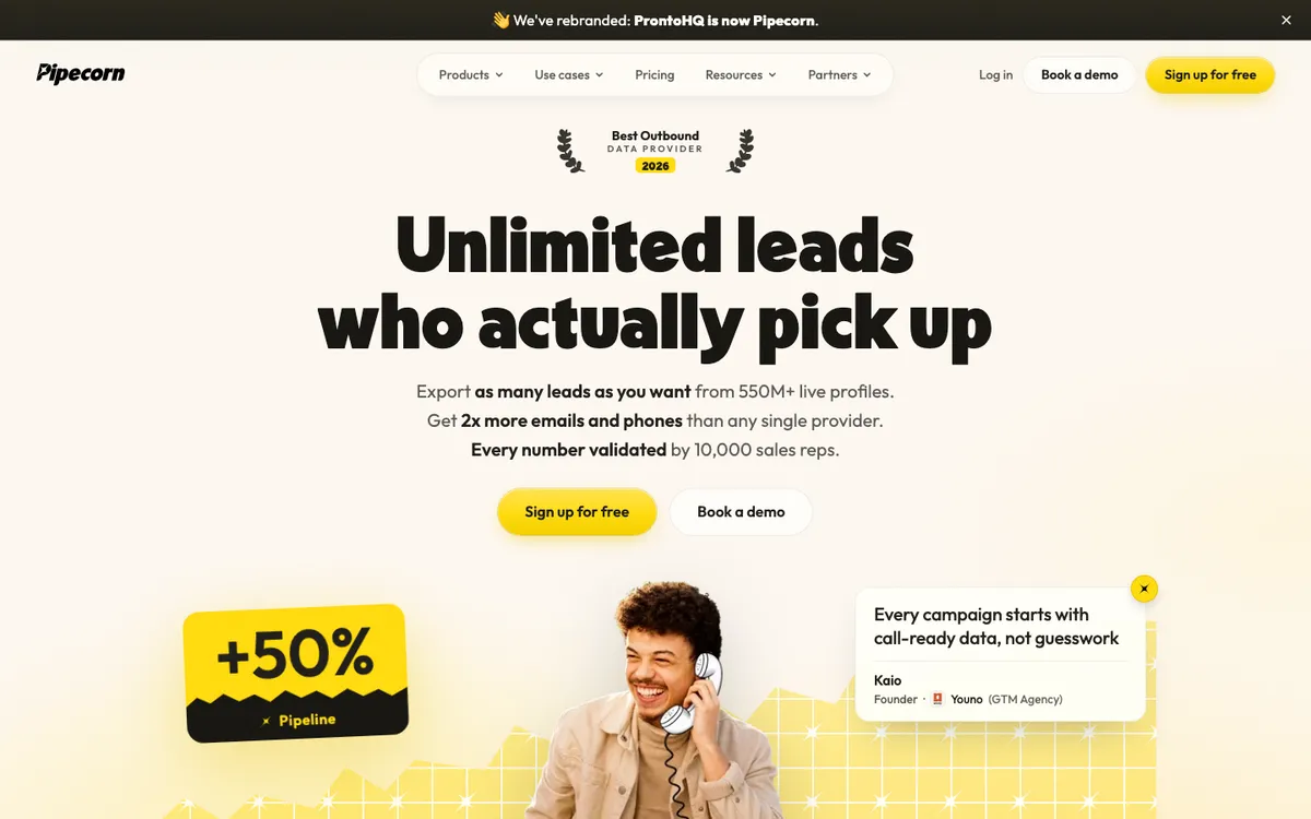 Homepage of Pipecorn, the phone and email enrichment platform with a waterfall across more than 100 providers