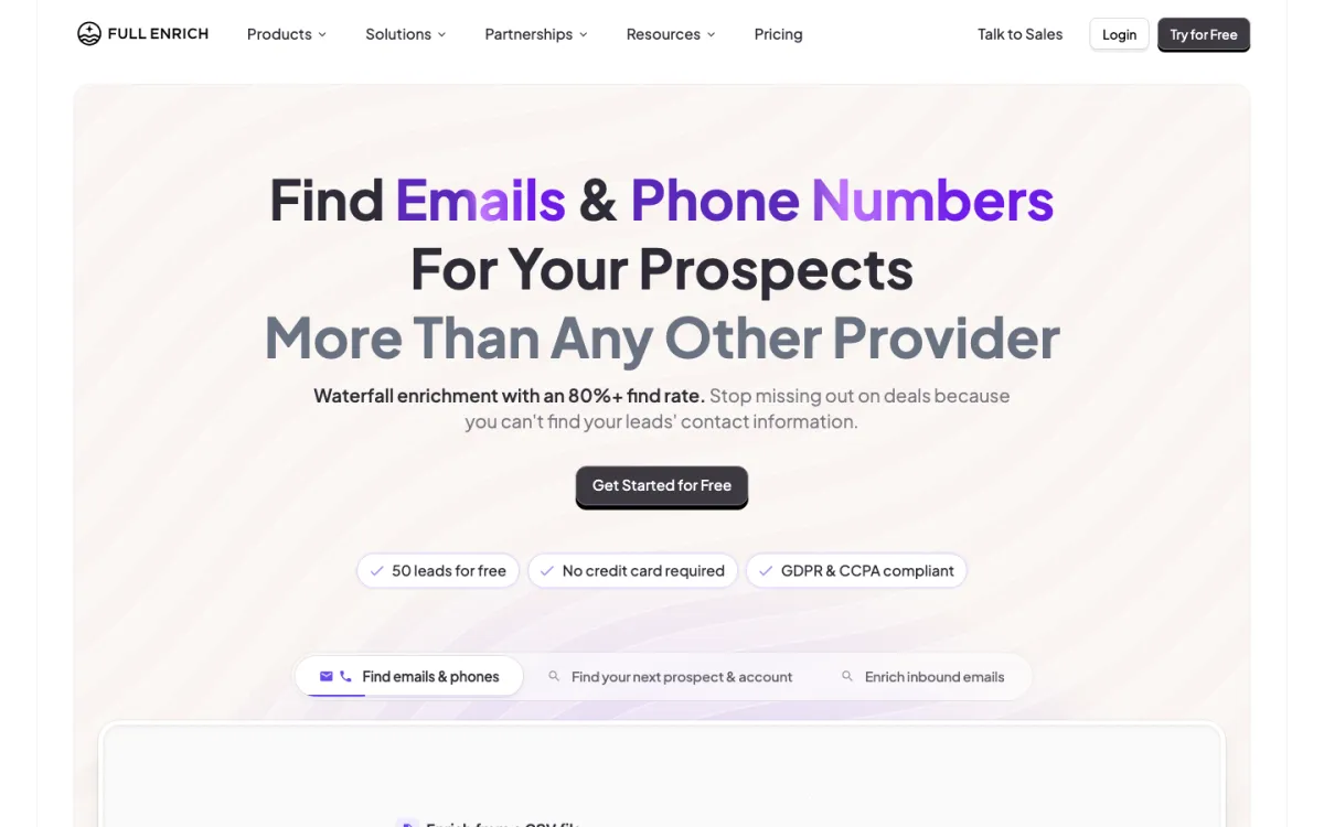 Homepage of FullEnrich, the waterfall enrichment tool for emails and phone numbers