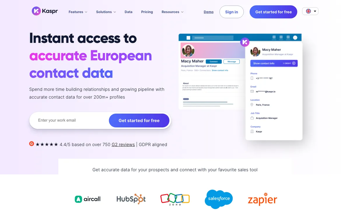 Homepage of Kaspr, the LinkedIn extension for European phone numbers and emails