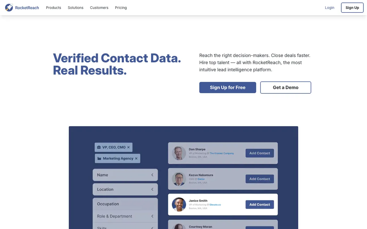 Homepage of RocketReach, the phone and email lookup platform