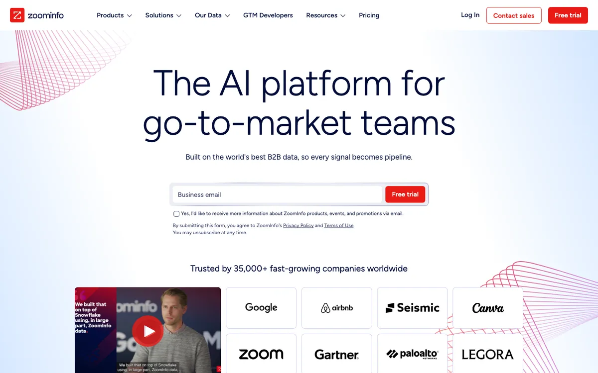 Homepage of ZoomInfo, the go-to-market platform with B2B contact and company data