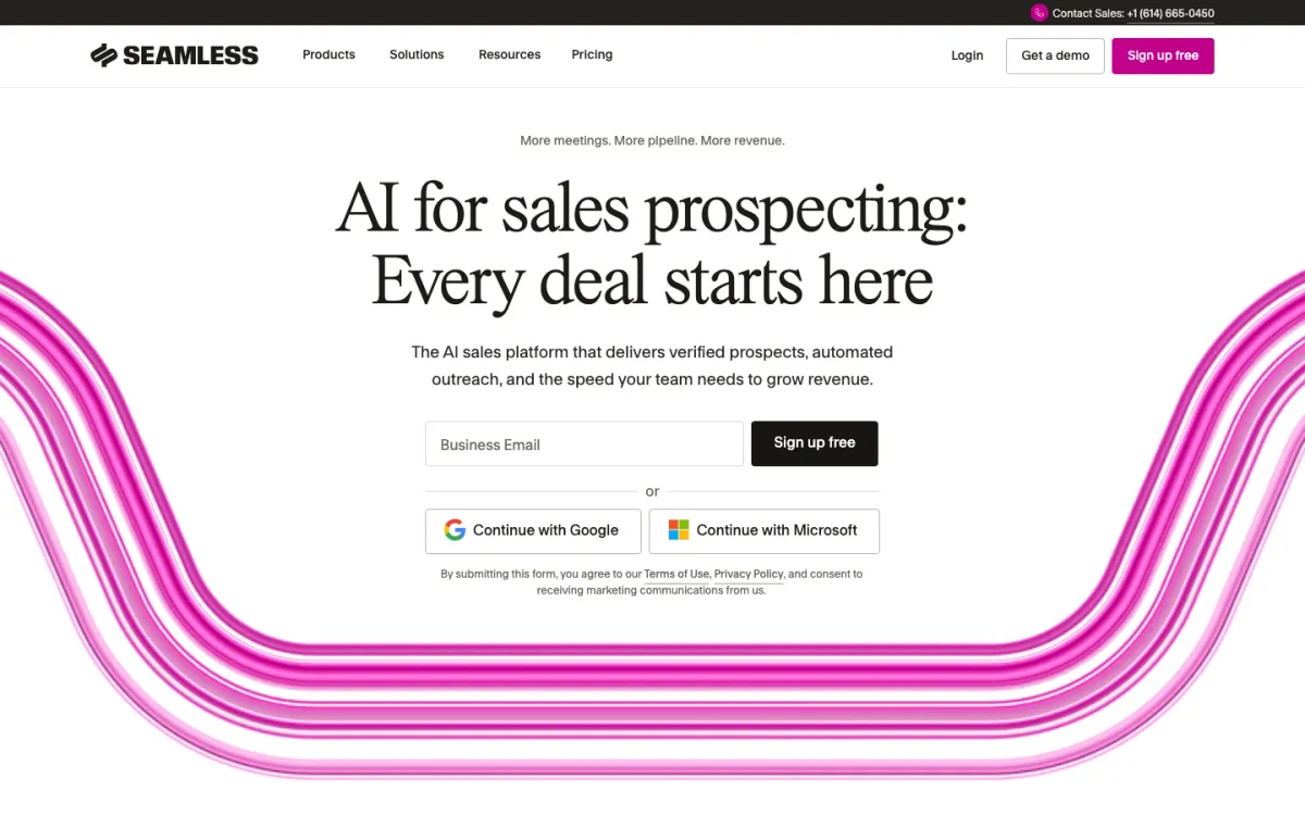 Homepage of Seamless.AI, the AI sales prospecting platform with an email and phone finder