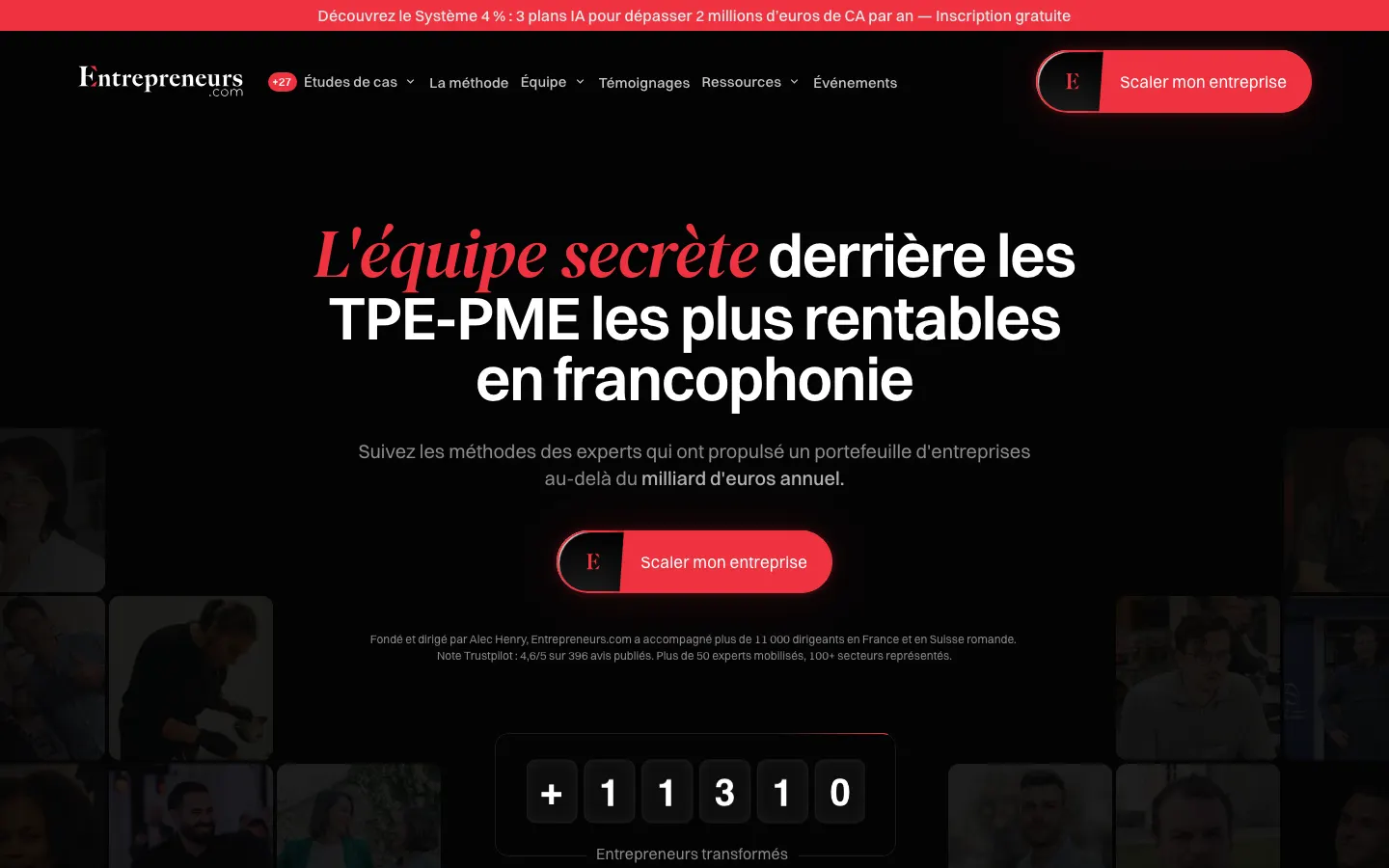 Startseite von Entrepreneurs.com auf schwarzem Hintergrund mit der Überschrift « L'équipe secrète derrière les TPE-PME les plus rentables en francophonie » (Das geheime Team hinter den profitabelsten Kleinunternehmen und KMU im französischsprachigen Raum) und einem roten Button « Scaler mon entreprise » (Mein Unternehmen skalieren)