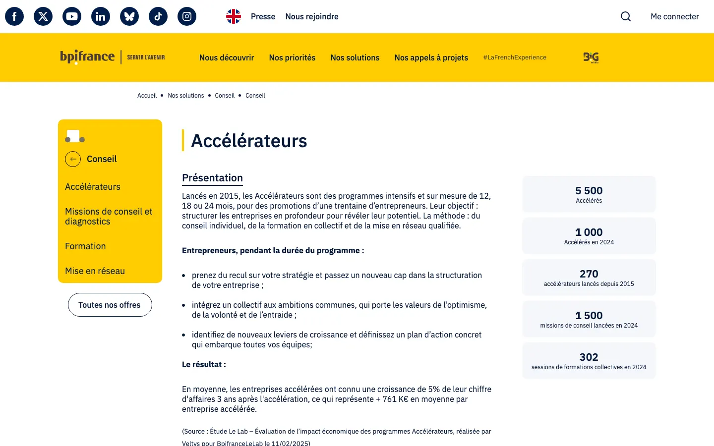 Akzeleratoren-Seite der Website von Bpifrance mit einem gelben Menü links, dem Vorstellungstext der Programme und Kennzahlen, darunter 5.500 beschleunigte Unternehmen