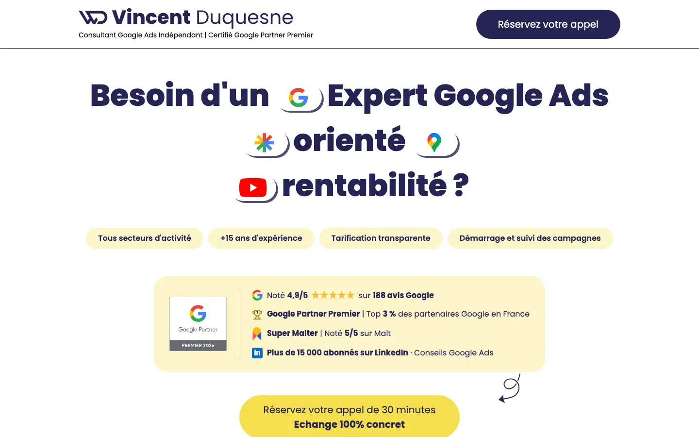 Homepage of the website of Vincent Duquesne, independent Google Ads consultant certified as a Google Premier Partner
