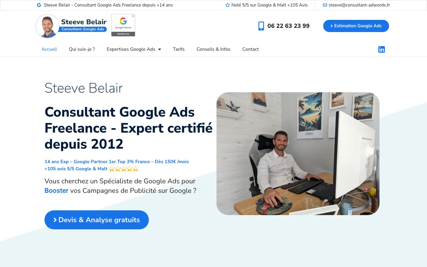 Homepage of the website of Steeve Belair, freelance Google Ads consultant certified since 2012